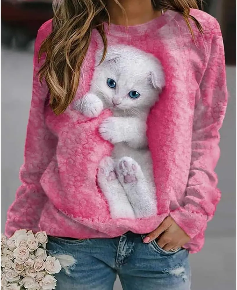 Women's Cat Print Long Sleeve Shirt Cute Casual Crewneck Pullover Top Lightweight Funny Graphic Tee