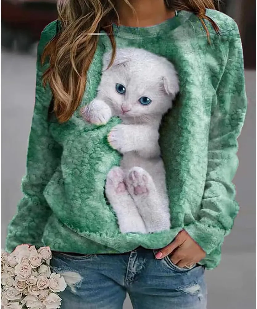 Women's Cat Print Long Sleeve Shirt Cute Casual Crewneck Pullover Top Lightweight Funny Graphic Tee