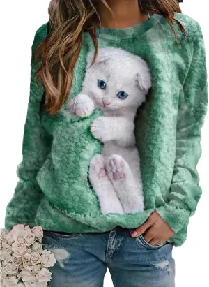 Women's Cat Print Long Sleeve Shirt Cute Casual Crewneck Pullover Top Lightweight Funny Graphic Tee