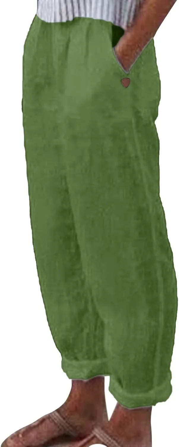 Women's Cotton Linen Summer Boho Palazzo Lounge Pants Elastic Waist Baggy Stretchy Slim Fit Trouser Vacation