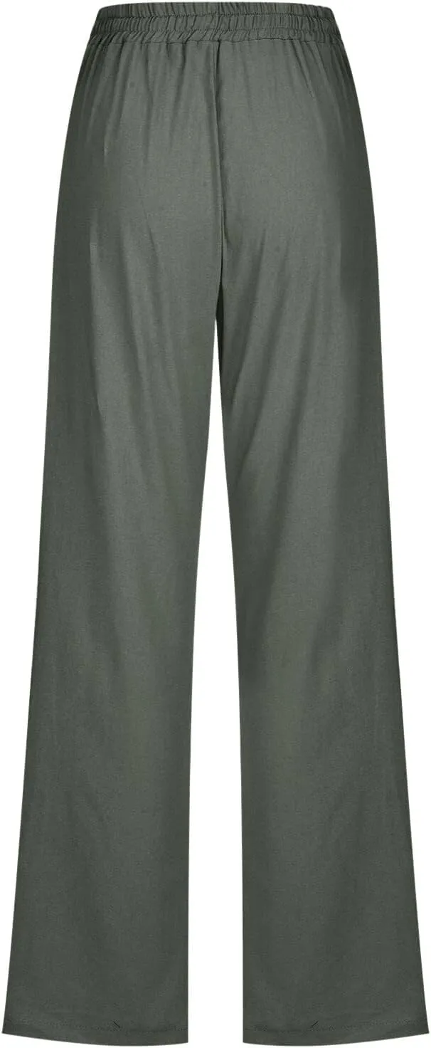Womens Cotton Linen Summer Boho Palazzo Lounge Pants Low Waist Stretchy Loose Fit Trouser Office