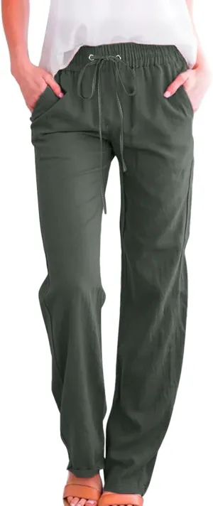 Womens Cotton Linen Summer Boho Palazzo Lounge Pants Low Waist Stretchy Loose Fit Trouser Office