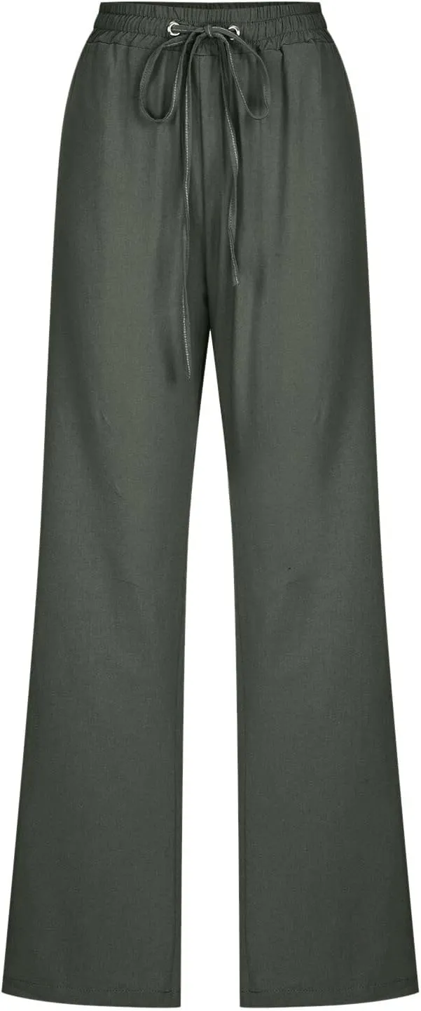 Womens Cotton Linen Summer Boho Palazzo Lounge Pants Low Waist Stretchy Loose Fit Trouser Office