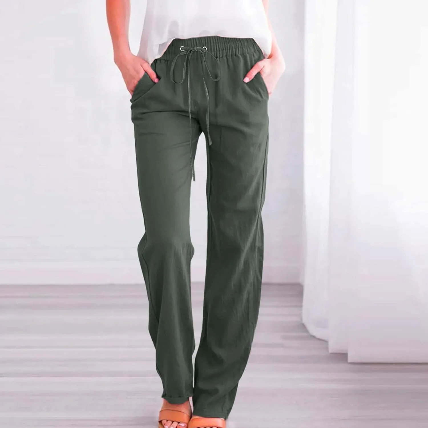 Womens Cotton Linen Summer Boho Palazzo Lounge Pants Low Waist Stretchy Loose Fit Trouser Office