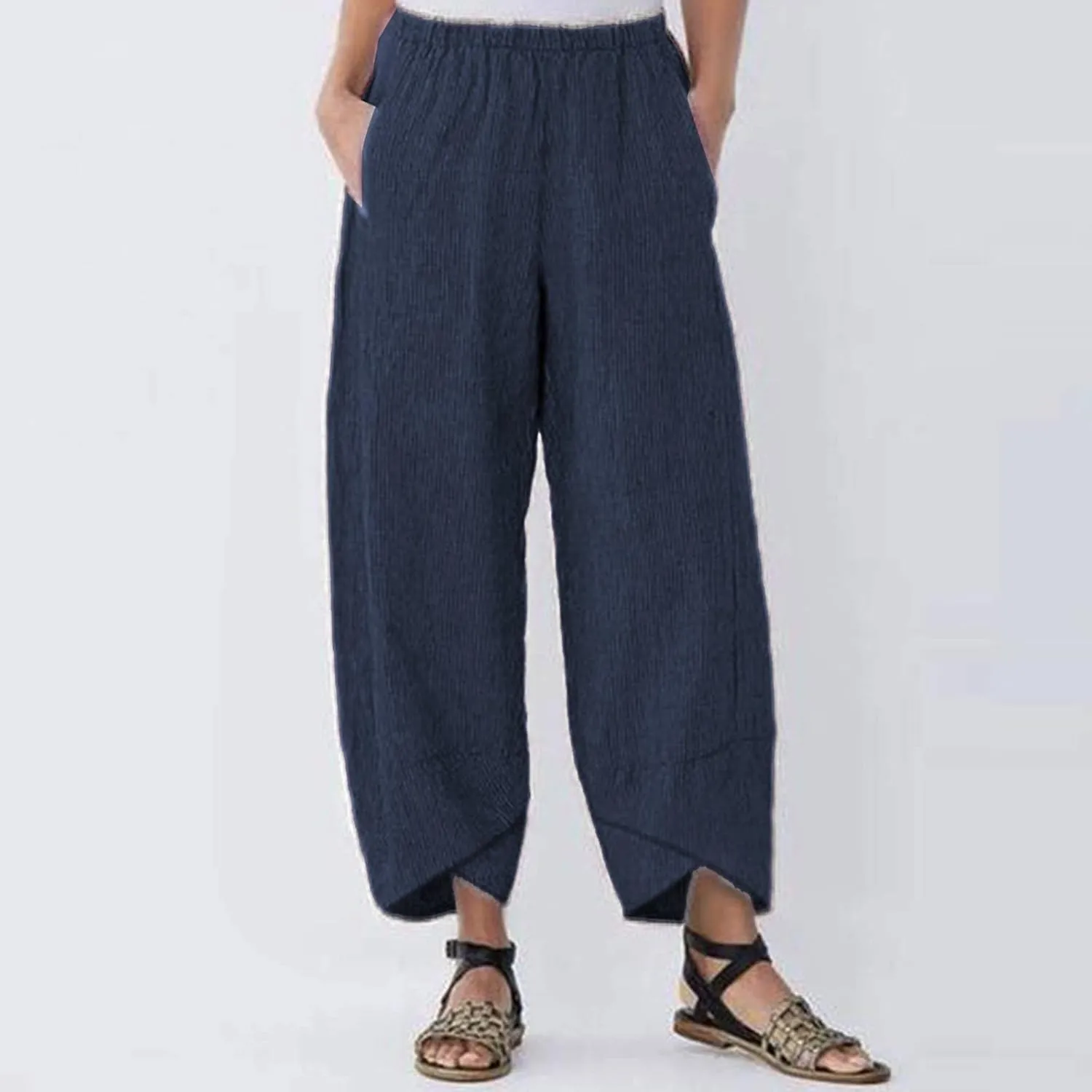 Women's Cotton Linen Summer Casual Flowy Palazzo Lounge Pants Elastic Waist Baggy Stretchy Plus Size Trousers