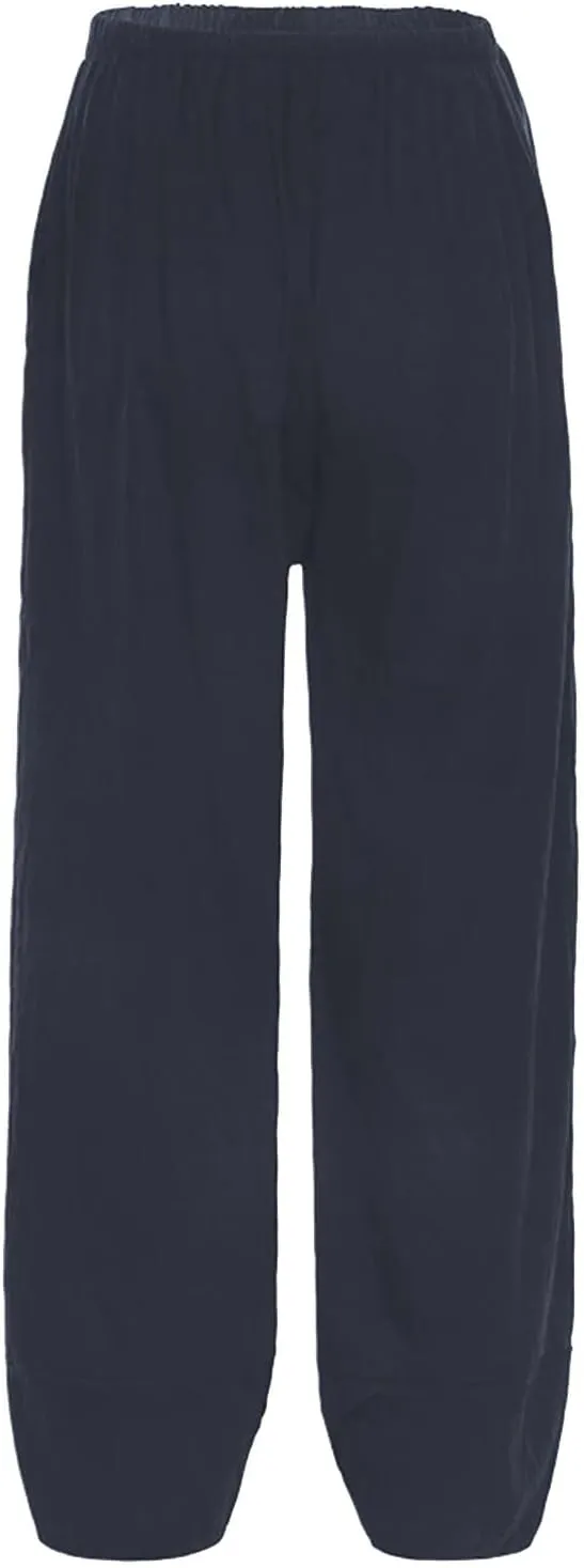 Women's Cotton Linen Summer Casual Flowy Palazzo Lounge Pants Elastic Waist Baggy Stretchy Plus Size Trousers