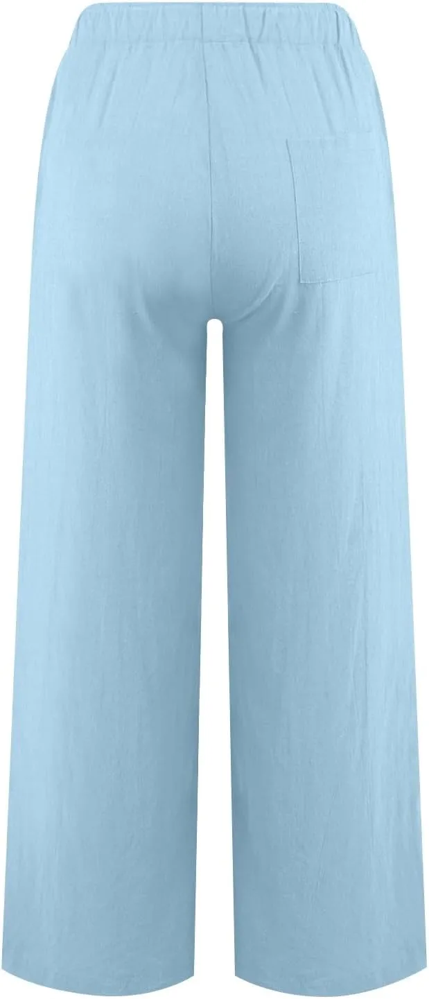 Women's Cotton Linen Summer Fashion Pant Trousers Elastic Waist Stretchy Slim-Fit Palazzo Lounge Pants