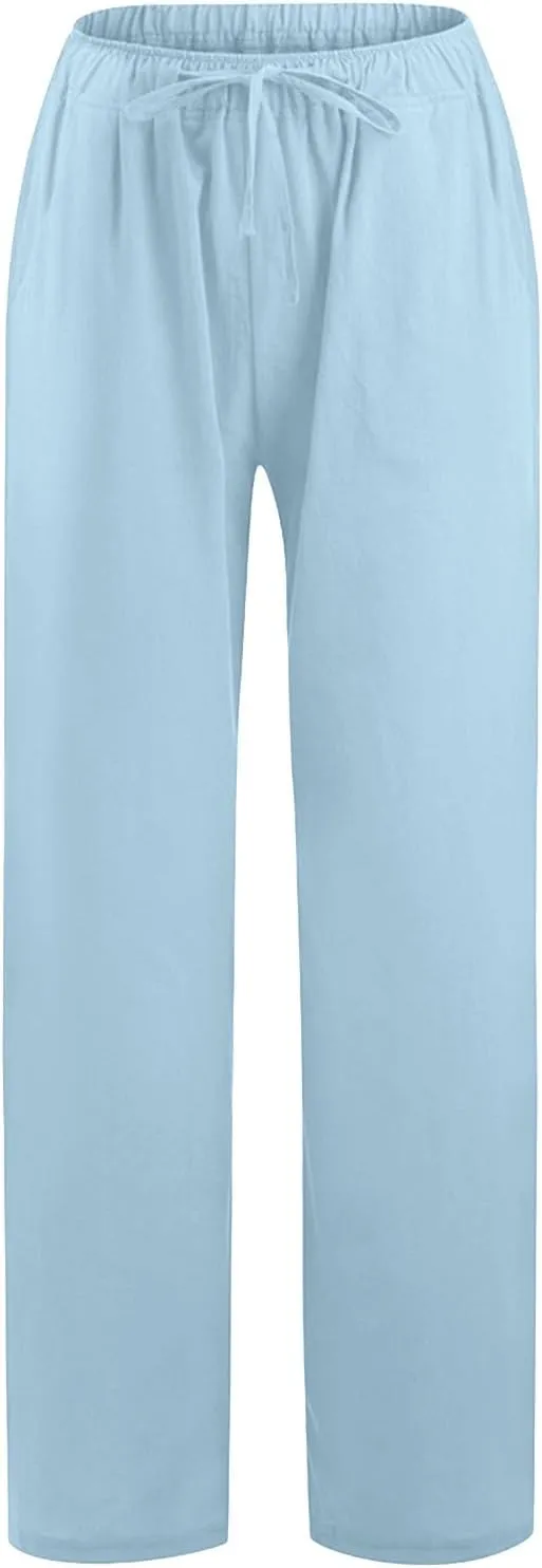 Women's Cotton Linen Summer Fashion Pant Trousers Elastic Waist Stretchy Slim-Fit Palazzo Lounge Pants
