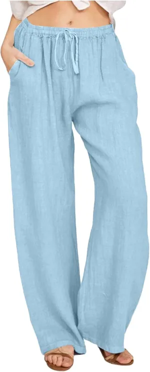 Women's Cotton Linen Summer Fashion Pant Trousers Elastic Waist Stretchy Slim-Fit Palazzo Lounge Pants