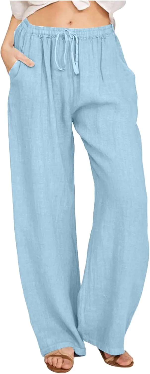 Women's Cotton Linen Summer Fashion Pant Trousers Elastic Waist Stretchy Slim-Fit Palazzo Lounge Pants