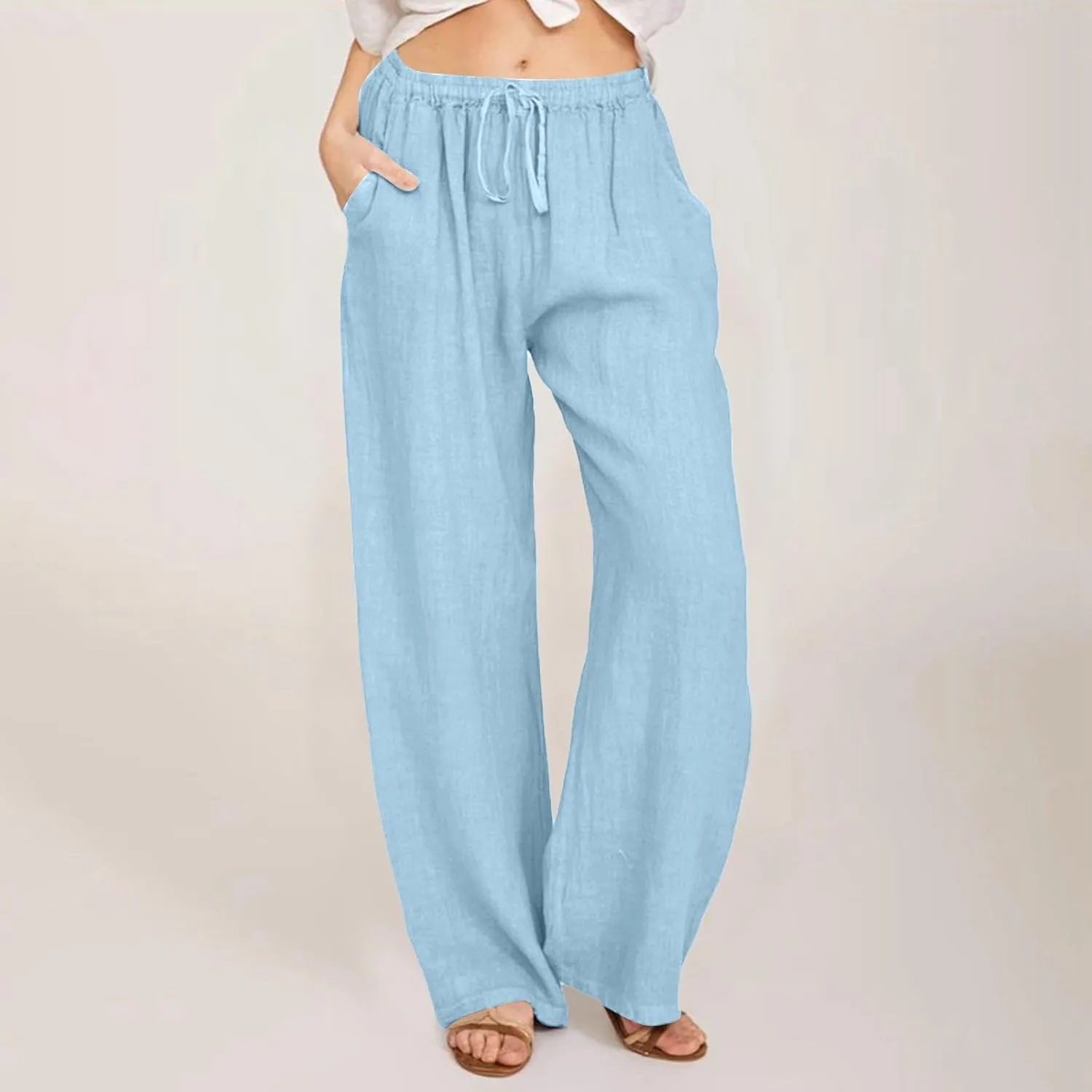 Women's Cotton Linen Summer Fashion Pant Trousers Elastic Waist Stretchy Slim-Fit Palazzo Lounge Pants