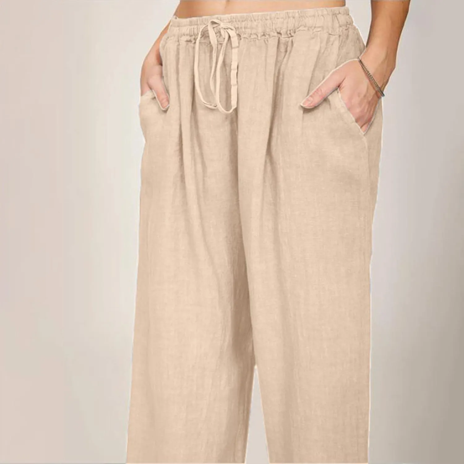 Women's Cotton Linen Summer Tie Knot Palazzo Pants Elastic Waist Stretchy Plus Size Trouser Beach