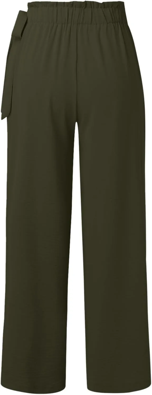 Women's Cotton Linen Summer Y2K Streetwear Palazzo Lounge Pants Elastic Waist Baggy Stretchy Slim-Fit
