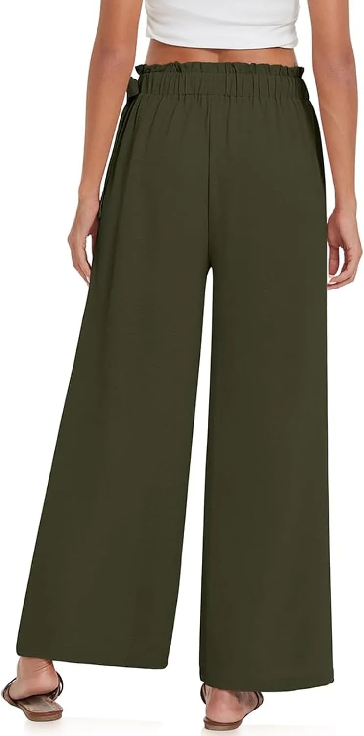 Women's Cotton Linen Summer Y2K Streetwear Palazzo Lounge Pants Elastic Waist Baggy Stretchy Slim-Fit