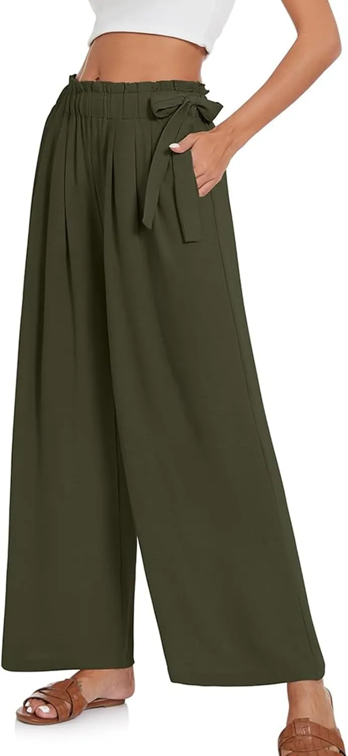 Women's Cotton Linen Summer Y2K Streetwear Palazzo Lounge Pants Elastic Waist Baggy Stretchy Slim-Fit