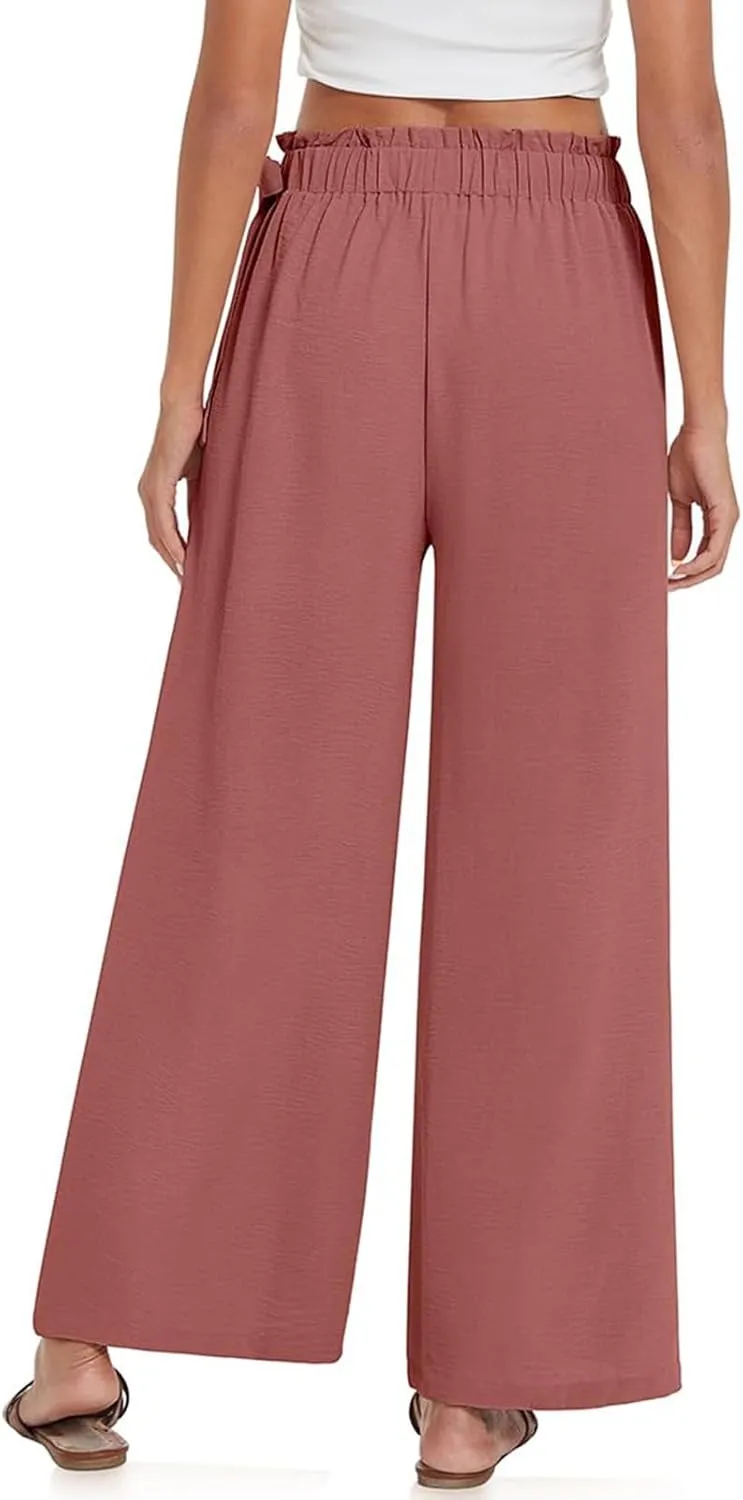 Women's Cotton Linen Summer Y2K Streetwear Palazzo Lounge Pants Elastic Waist Baggy Stretchy Slim-Fit