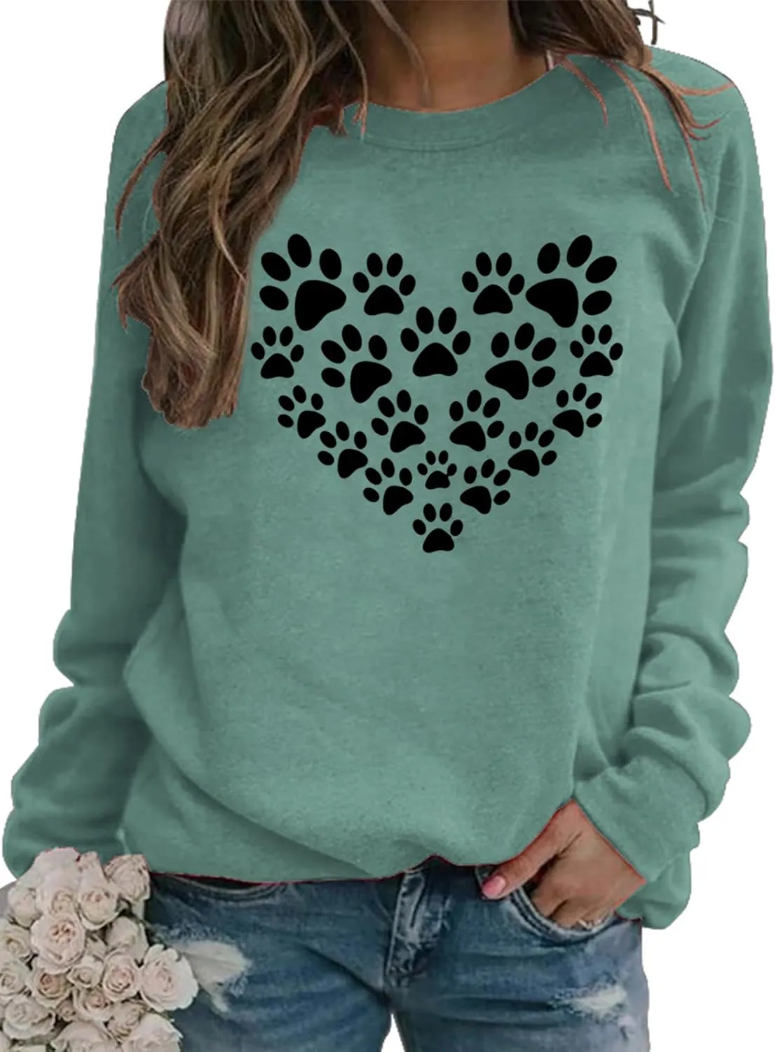 Womens Dog Mom Sweatshirts Cute Dog Paw Print Heart Graphic Long Sleeve Crewneck Casual Tee Tops