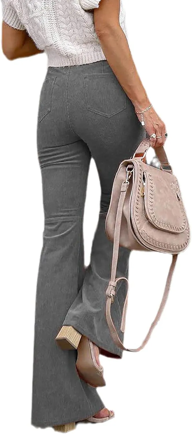 Women's High Waist Stretchy Corduroy Flare Pants Solid Color Casual Bell Bottom Trousers