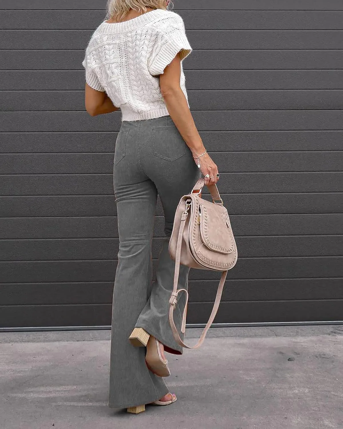 Women's High Waist Stretchy Corduroy Flare Pants Solid Color Casual Bell Bottom Trousers