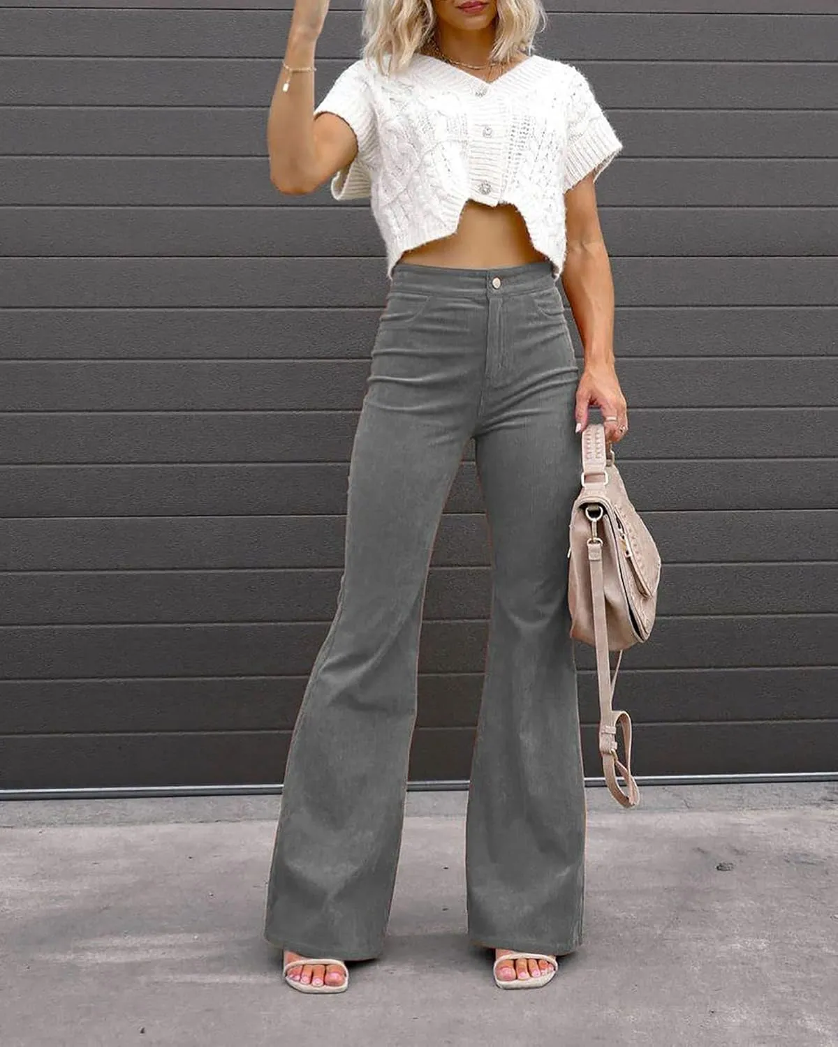 Women's High Waist Stretchy Corduroy Flare Pants Solid Color Casual Bell Bottom Trousers