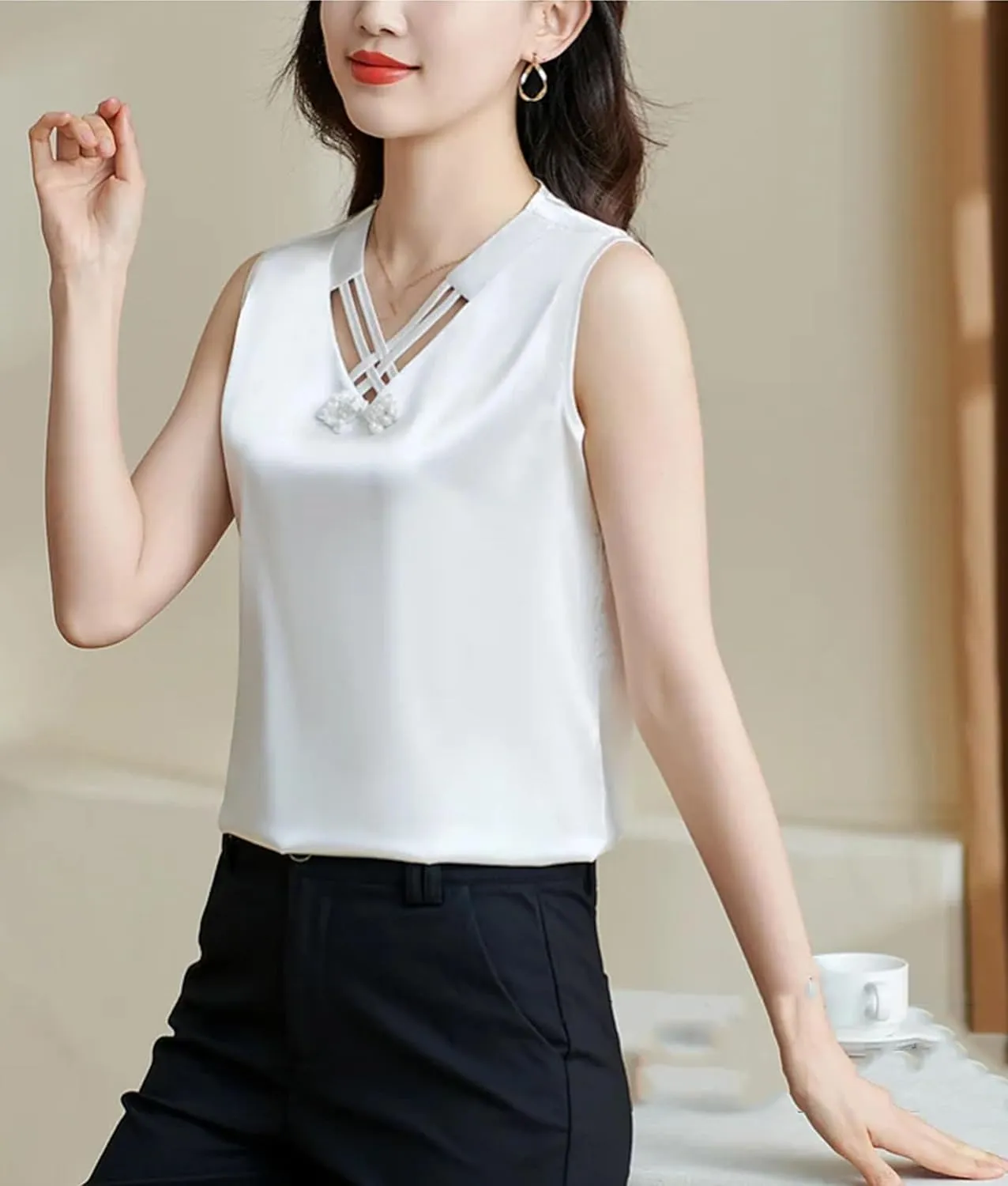 Women's Hollow Out Tank Top & Camisole Summer Breathable V-Neck Sleeveless Vest Office Lady Business Casual Loose Fit Shirt