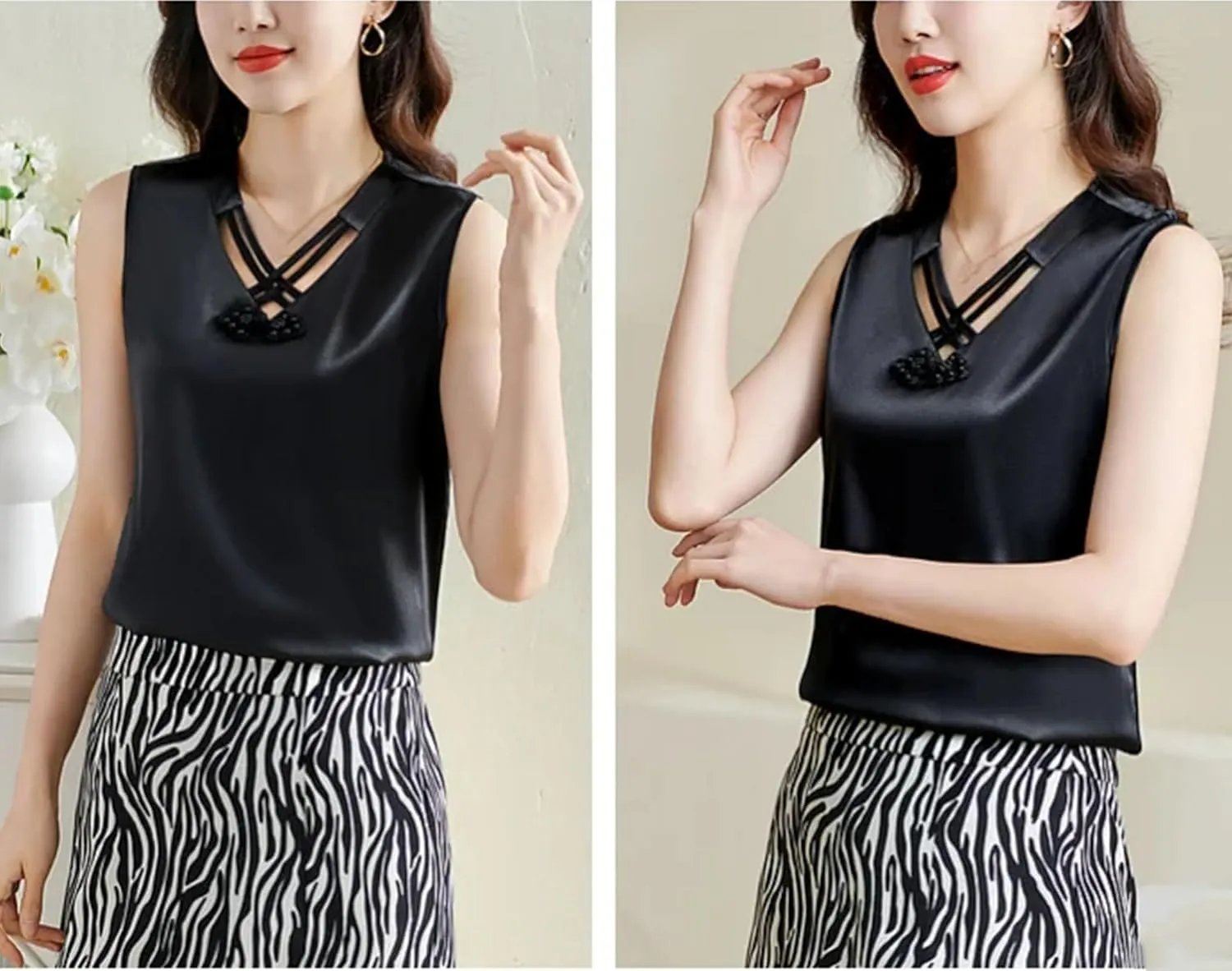 Women's Hollow Out Tank Top & Camisole Summer Breathable V-Neck Sleeveless Vest Office Lady Business Casual Loose Fit Shirt