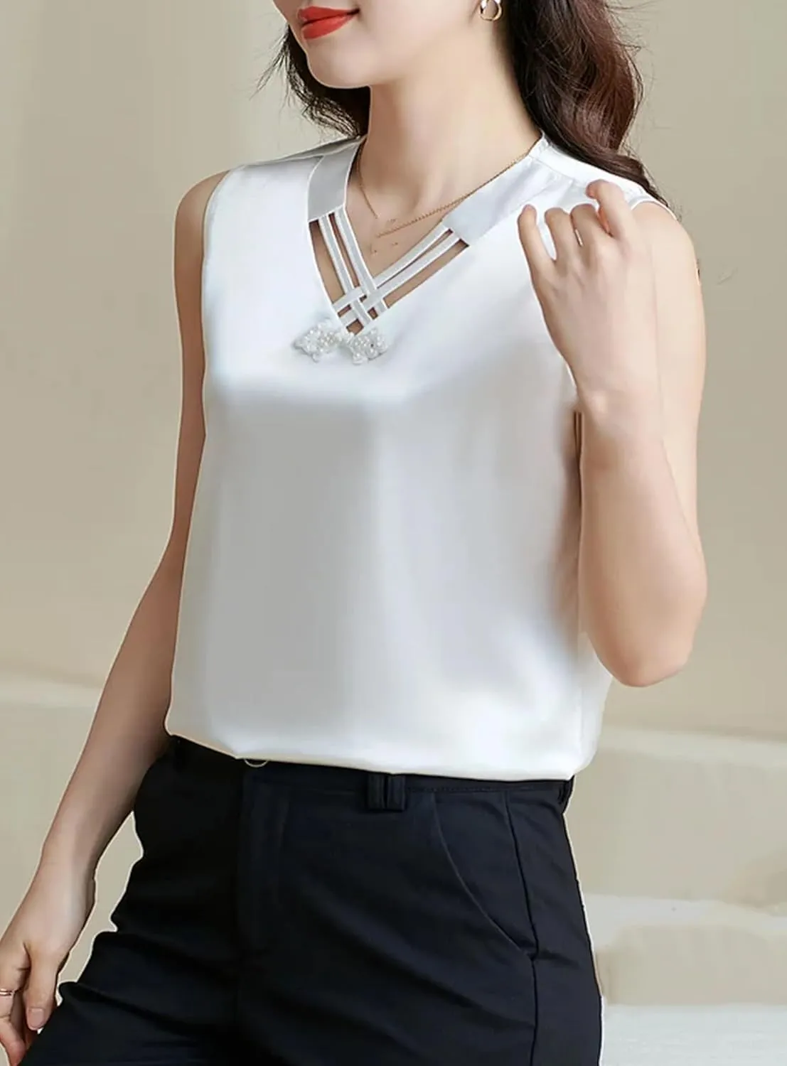 Women's Hollow Out Tank Top & Camisole Summer Breathable V-Neck Sleeveless Vest Office Lady Business Casual Loose Fit Shirt