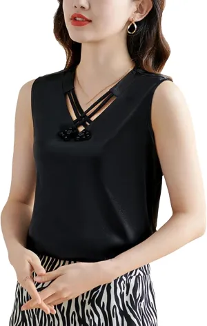 Women's Hollow Out Tank Top & Camisole Summer Breathable V-Neck Sleeveless Vest Office Lady Business Casual Loose Fit Shirt