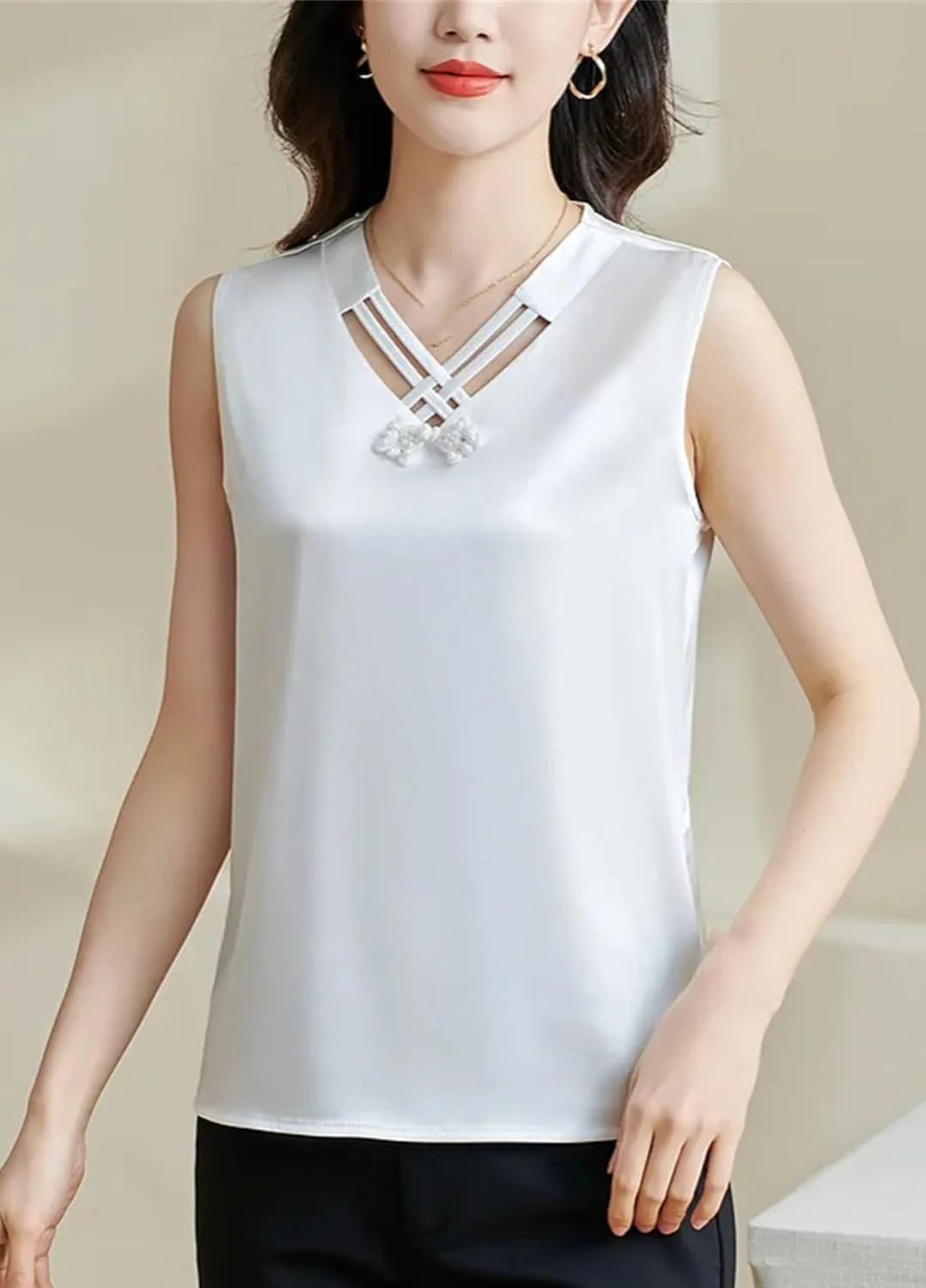 Women's Hollow Out Tank Top & Camisole Summer Breathable V-Neck Sleeveless Vest Office Lady Business Casual Loose Fit Shirt