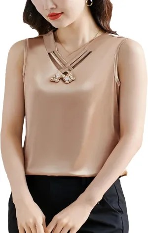 Women's Hollow Out Tank Top & Camisole Summer Breathable V-Neck Sleeveless Vest Office Lady Business Casual Loose Fit Shirt