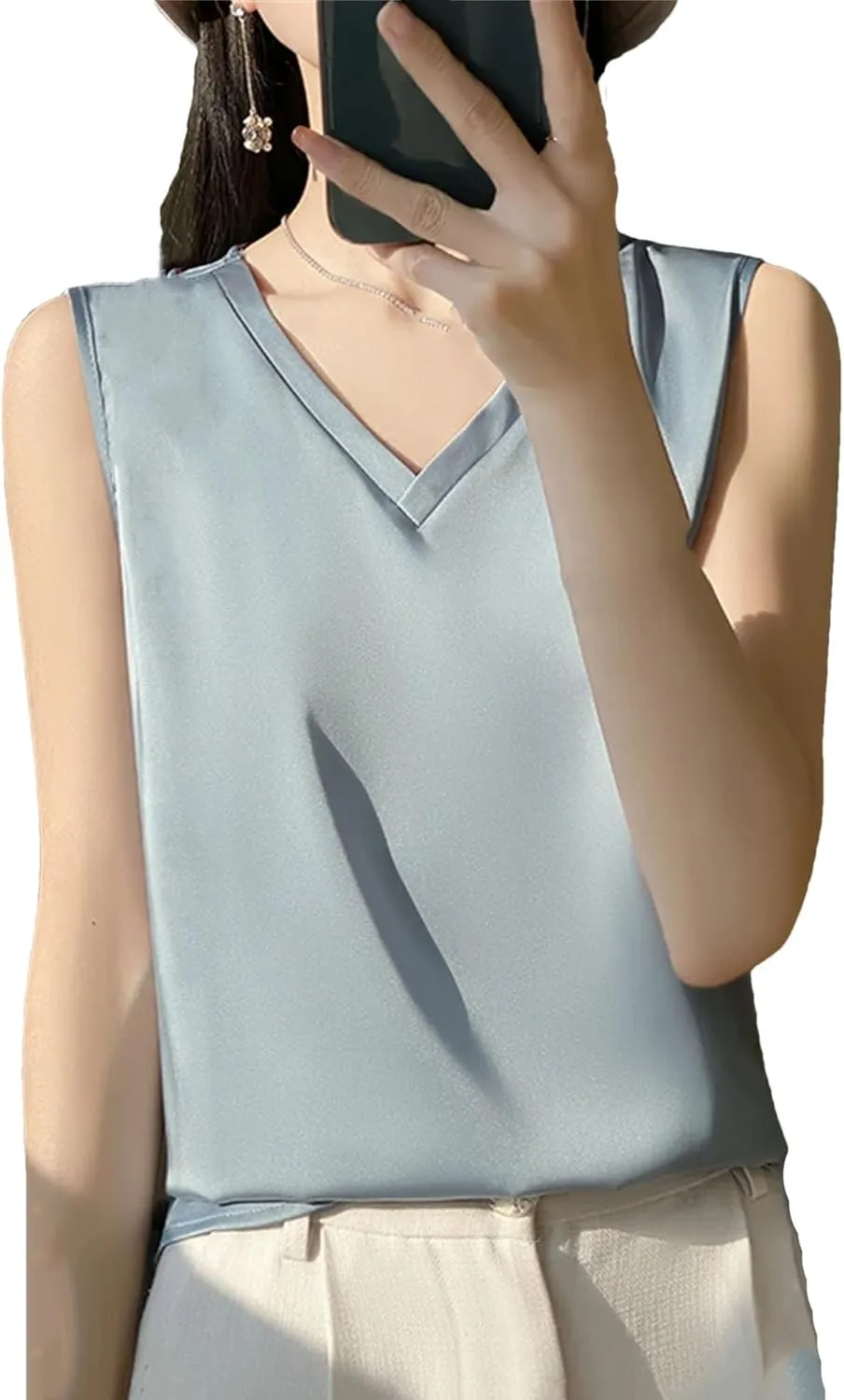 Women's Lightweight Casual Tank Top & Camisole Summer V-Neck Sleeveless Vest Loose Fit Undershirts to Wear Under Blazers