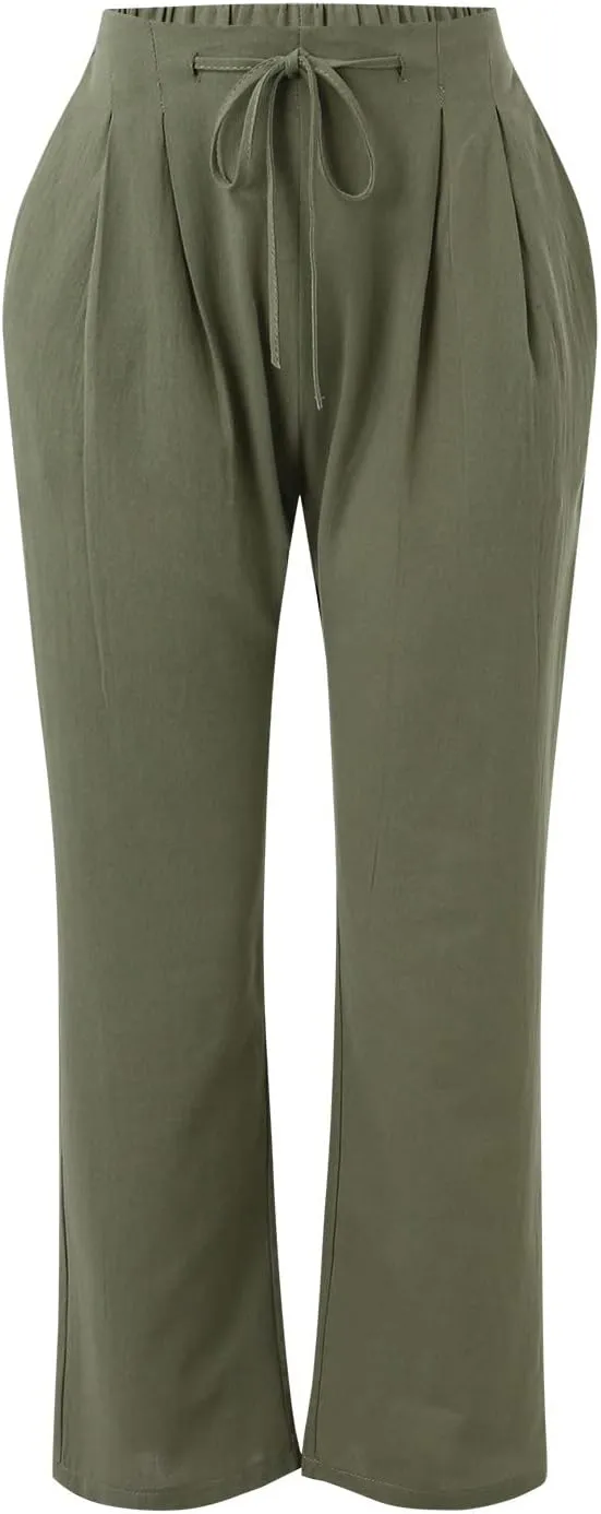 Women's Linen Blend Summer Loose Palazzo Pants Elastic Waisted Baggy Stretchy Loose Fit Palazzo Lounge Pants