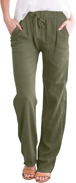 Women's Linen Blend Summer Loose Palazzo Pants Elastic Waisted Baggy Stretchy Loose Fit Palazzo Lounge Pants