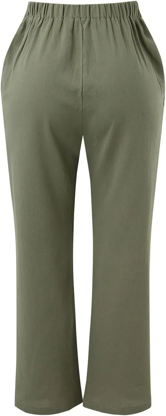 Women's Linen Blend Summer Loose Palazzo Pants Elastic Waisted Baggy Stretchy Loose Fit Palazzo Lounge Pants