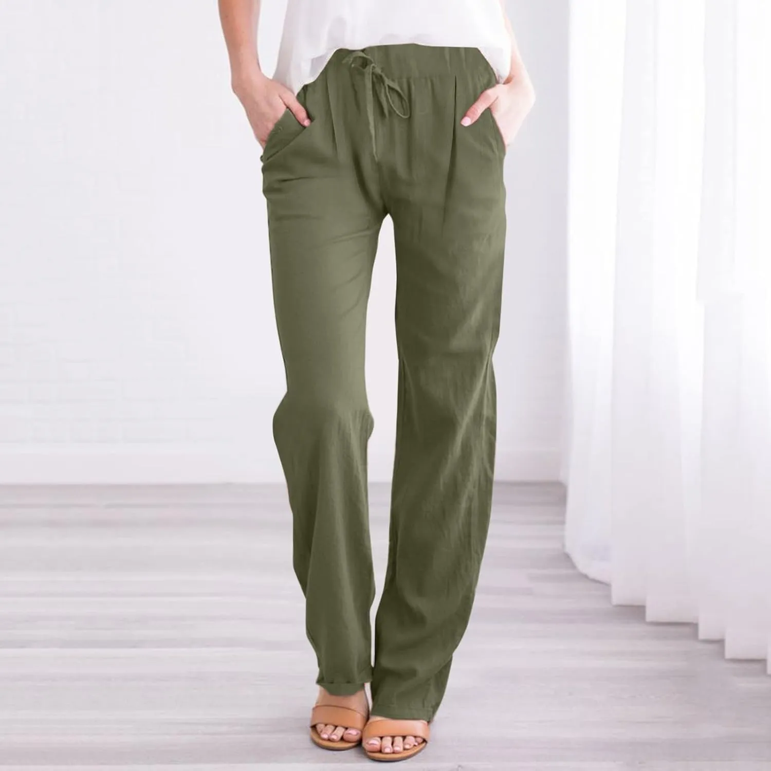 Women's Linen Blend Summer Loose Palazzo Pants Elastic Waisted Baggy Stretchy Loose Fit Palazzo Lounge Pants