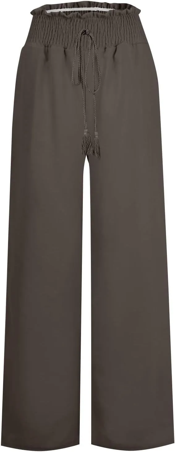 Women's Linen Blend Summer Tie Knot Pants Elastic Waist Baggy Stretchy Loose Fit Palazzo Pants Vacation