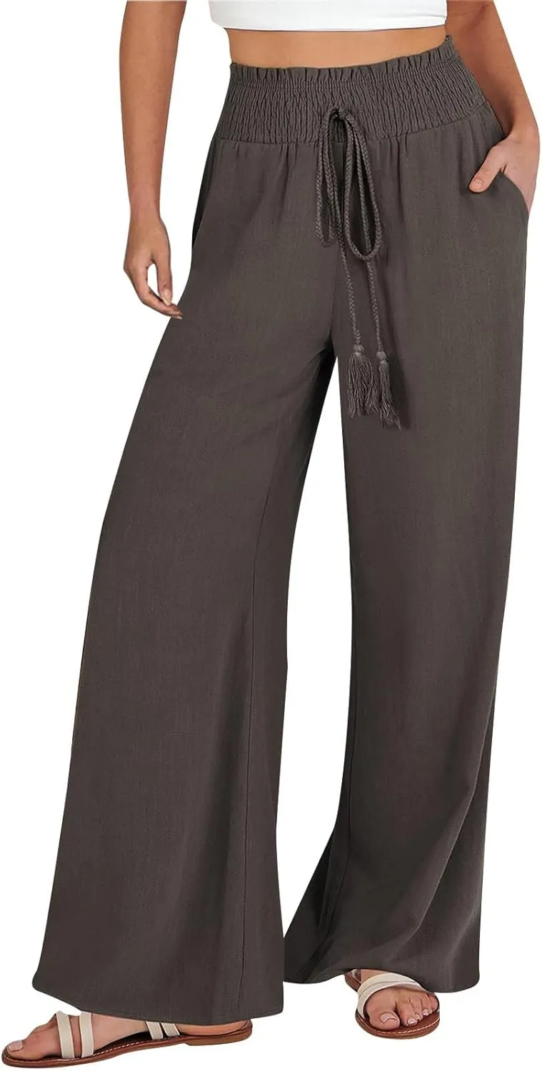 Women's Linen Blend Summer Tie Knot Pants Elastic Waist Baggy Stretchy Loose Fit Palazzo Pants Vacation