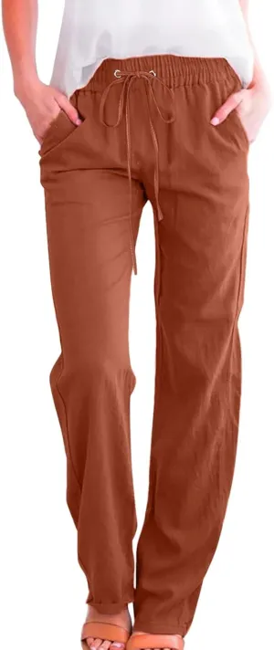 Womens Linen Summer Casual Flowy Palazzo Lounge Pants Elastic Waisted Baggy Stretchy Plus Size Palazzo