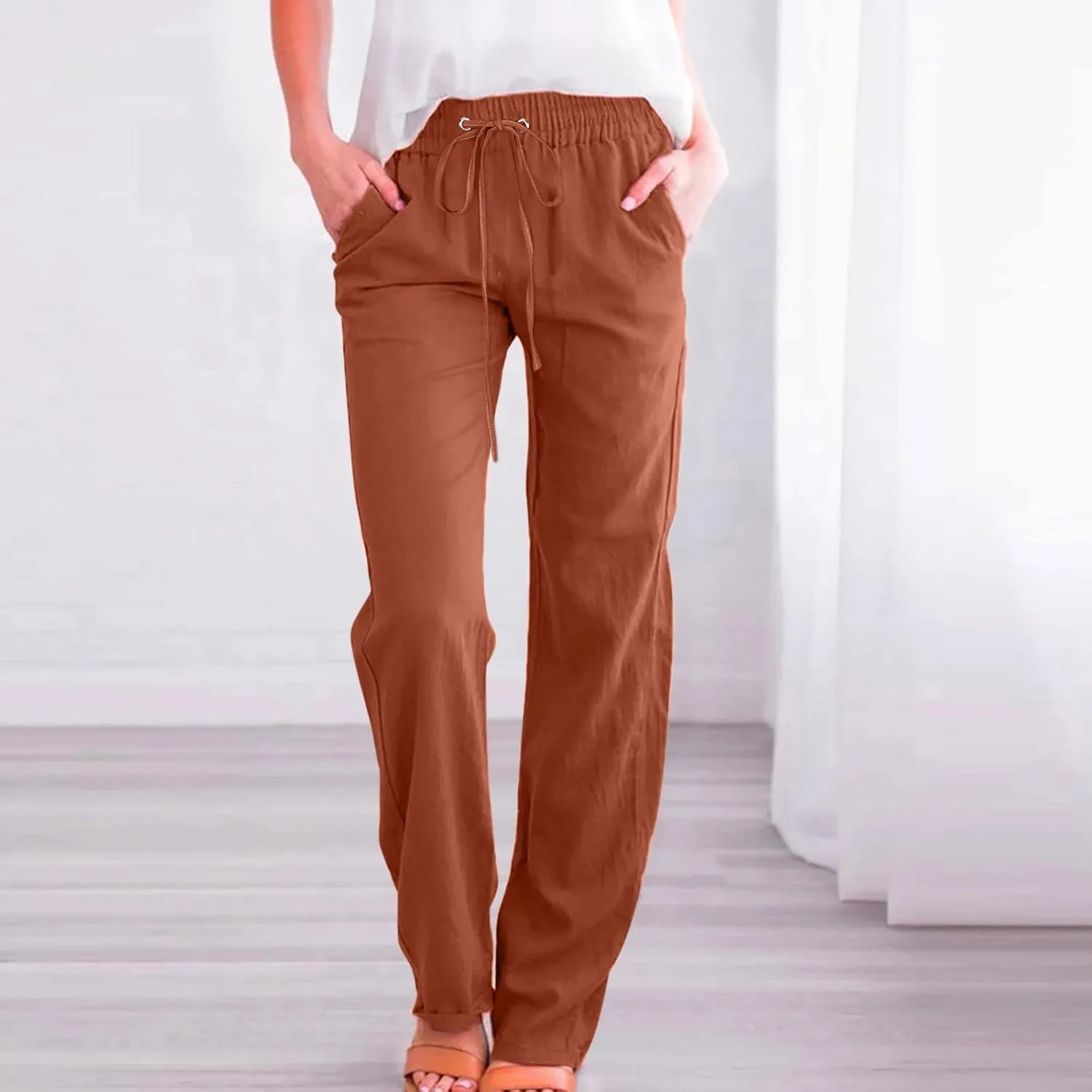 Womens Linen Summer Casual Flowy Palazzo Lounge Pants Elastic Waisted Baggy Stretchy Plus Size Palazzo