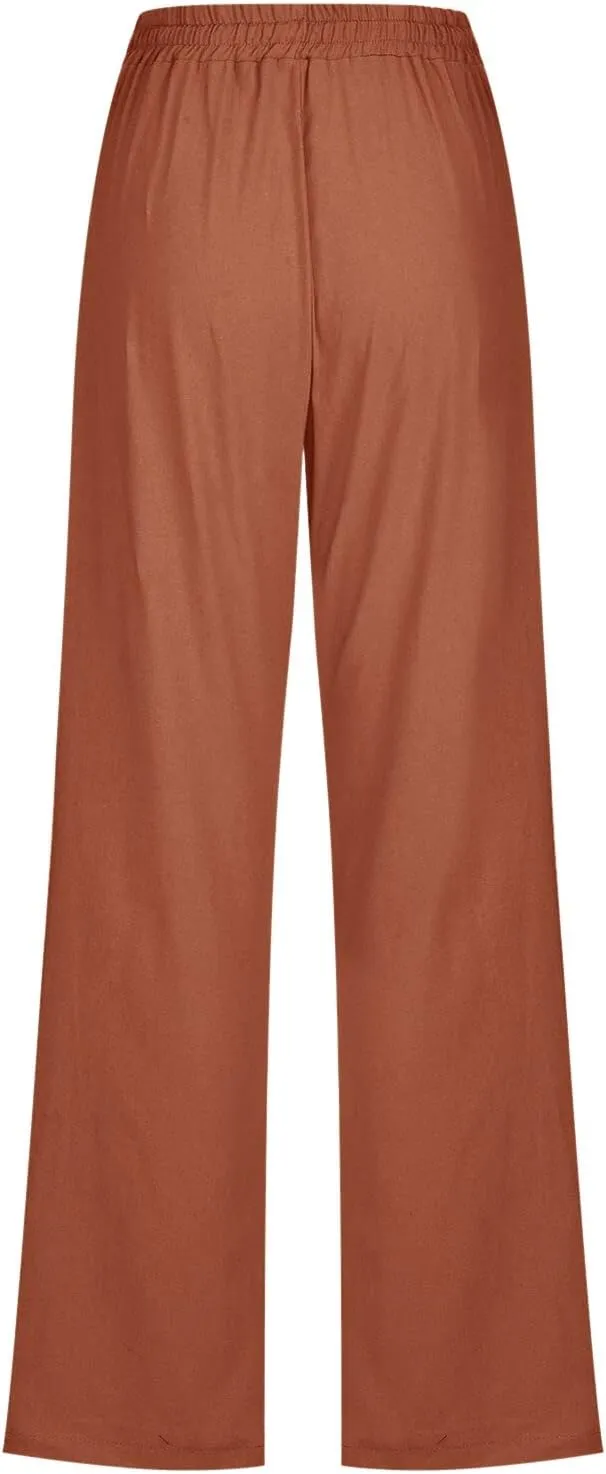 Womens Linen Summer Casual Flowy Palazzo Lounge Pants Elastic Waisted Baggy Stretchy Plus Size Palazzo