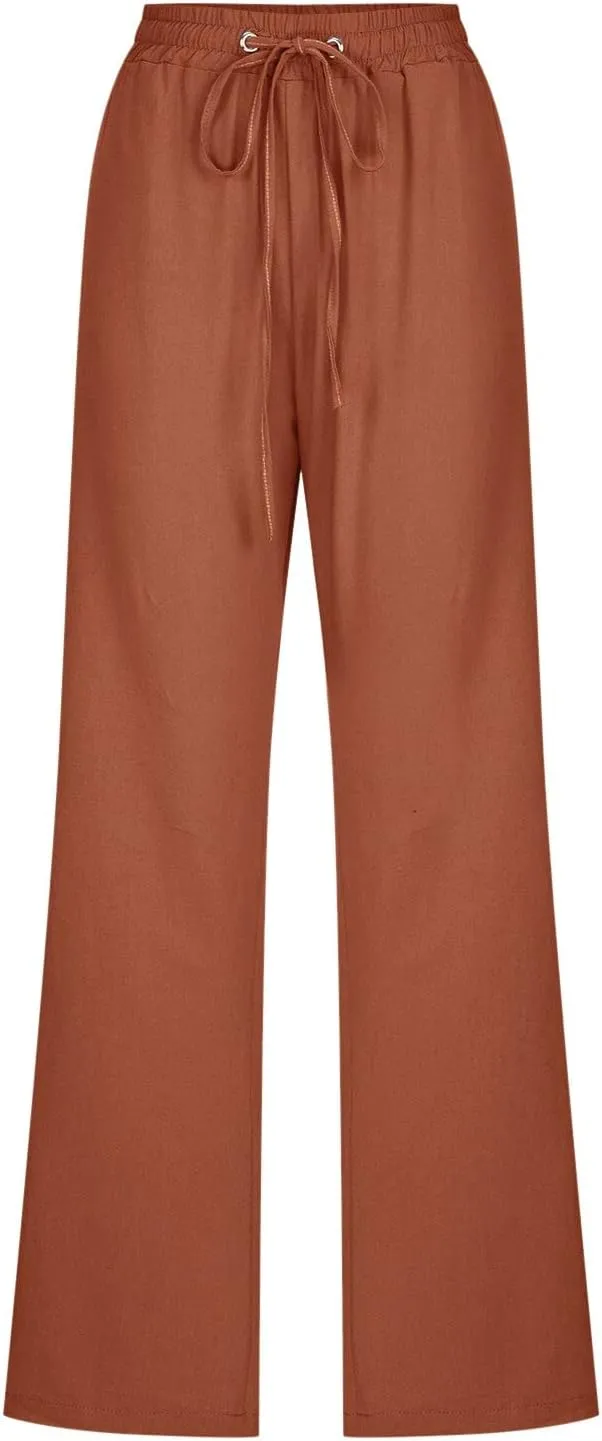 Womens Linen Summer Casual Flowy Palazzo Lounge Pants Elastic Waisted Baggy Stretchy Plus Size Palazzo