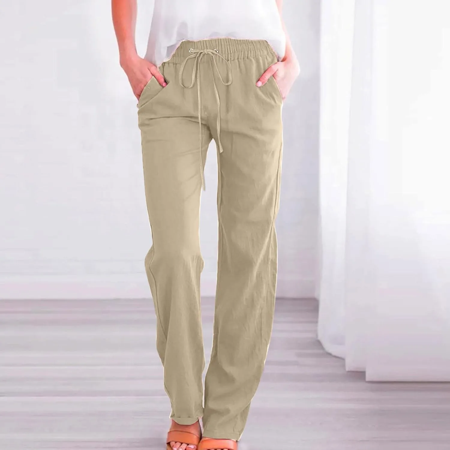Women's Linen Summer Flowy Palazzo Lounge Pants Elastic Waist Stretchy Straight Loose Fit Palazzo Pants Beach
