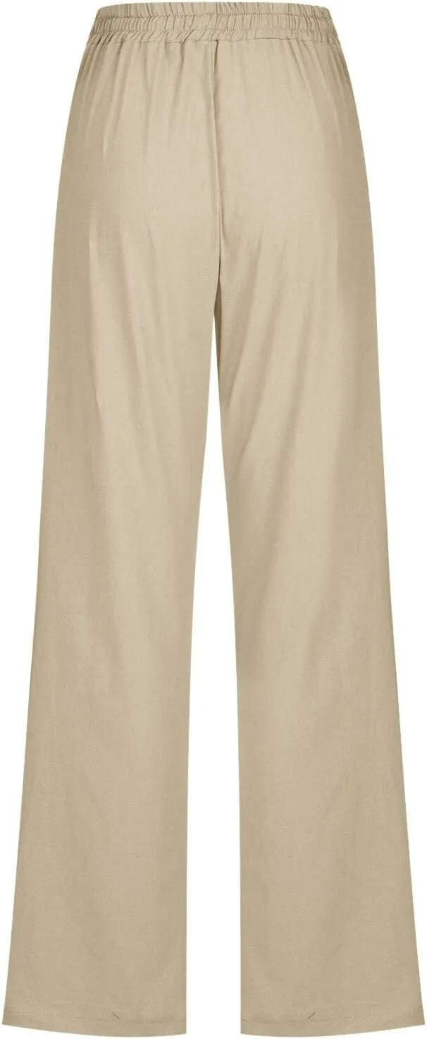 Women's Linen Summer Flowy Palazzo Lounge Pants Elastic Waist Stretchy Straight Loose Fit Palazzo Pants Beach