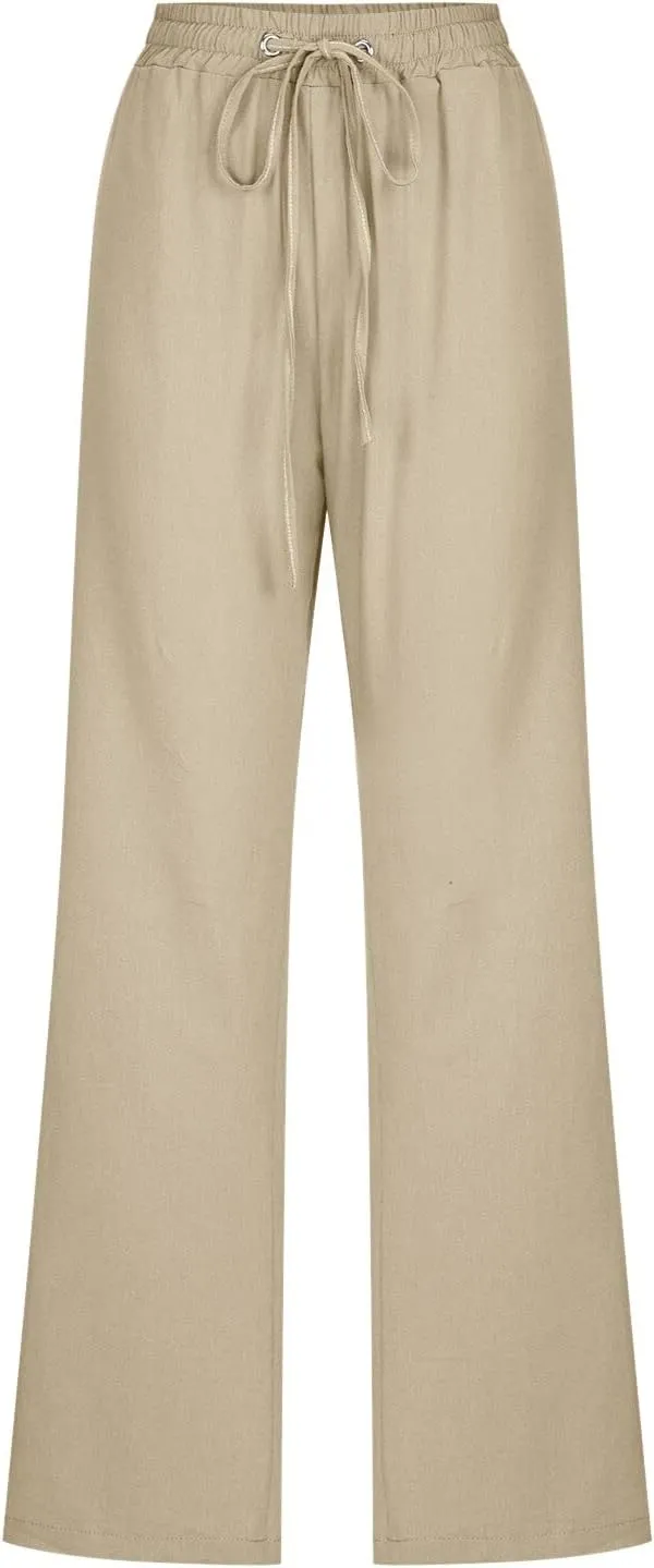 Women's Linen Summer Flowy Palazzo Lounge Pants Elastic Waist Stretchy Straight Loose Fit Palazzo Pants Beach