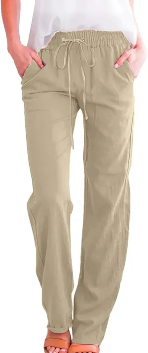 Women's Linen Summer Flowy Palazzo Lounge Pants Elastic Waist Stretchy Straight Loose Fit Palazzo Pants Beach