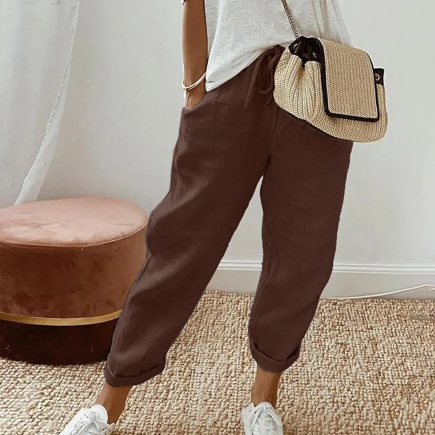 Womens Linen Summer Letter Patched Palazzo Pants Low Waist Stretchy Straight Slim Fit Palazzo Pants Office