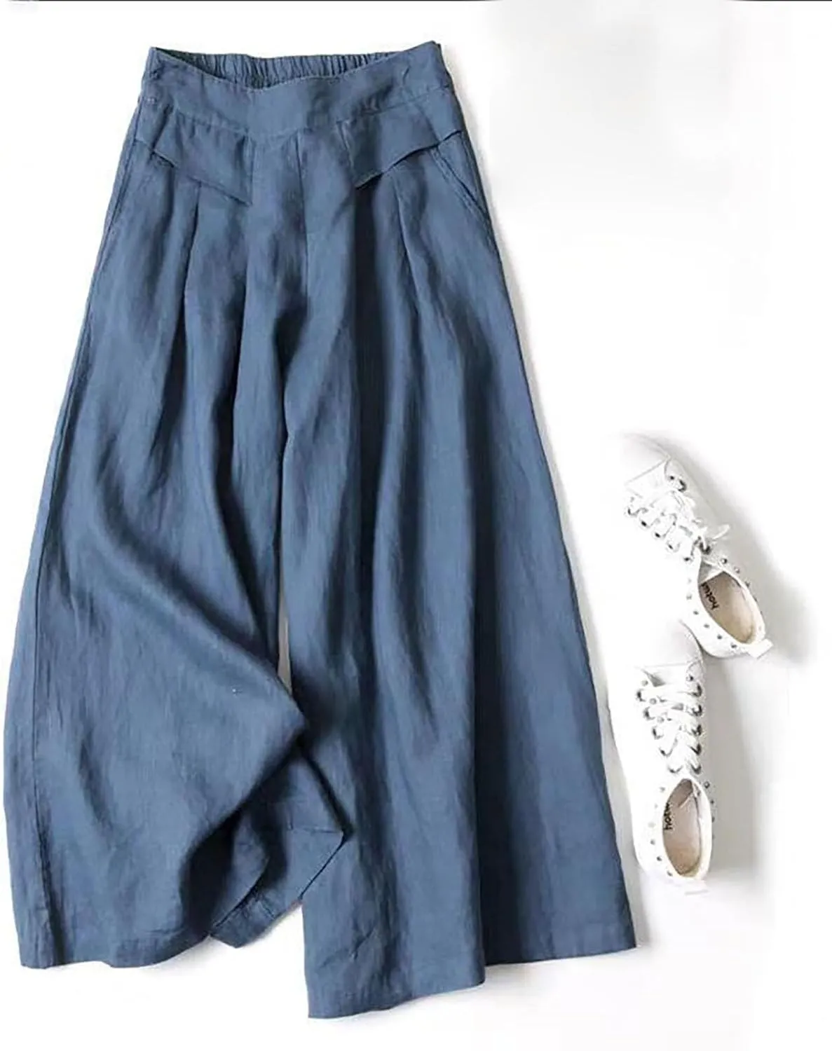 Womens Linen Summer Printed Palazzo Lounge Pants High Waist Stretchy Loose Fit Trousers Work Business