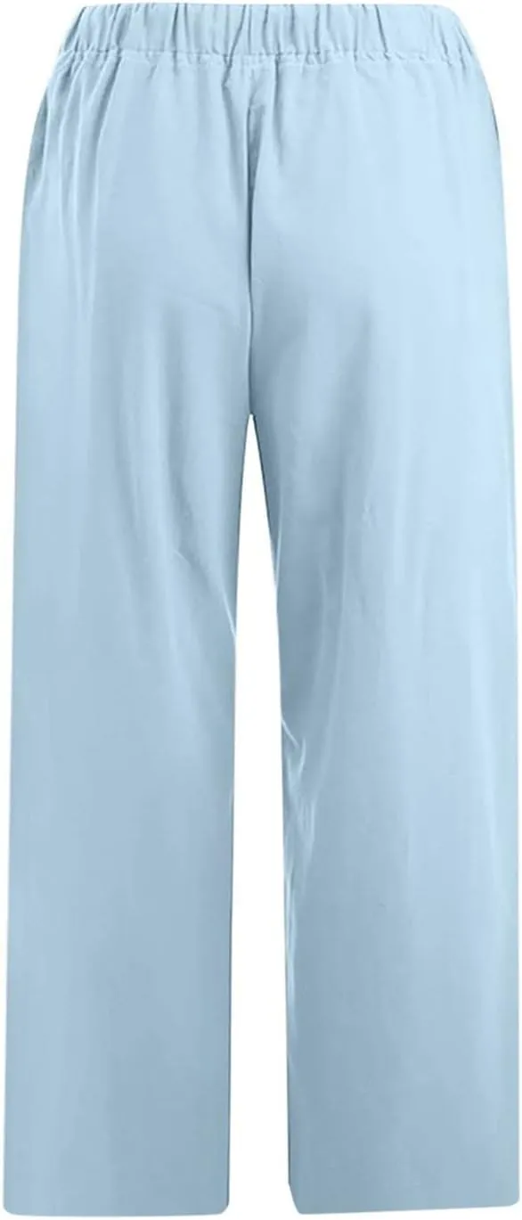 Womens Linen Summer Trendy Palazzo Lounge Pants Elastic Waisted Baggy Stretchy Slim-Fit Pants Business Work