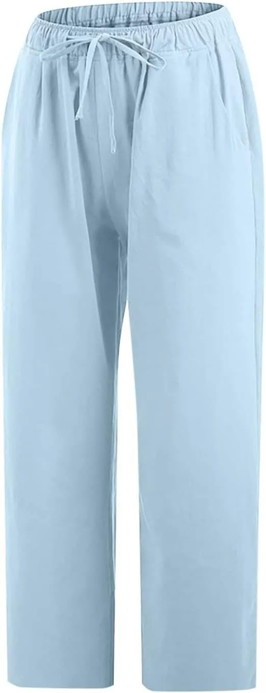 Womens Linen Summer Trendy Palazzo Lounge Pants Elastic Waisted Baggy Stretchy Slim-Fit Pants Business Work