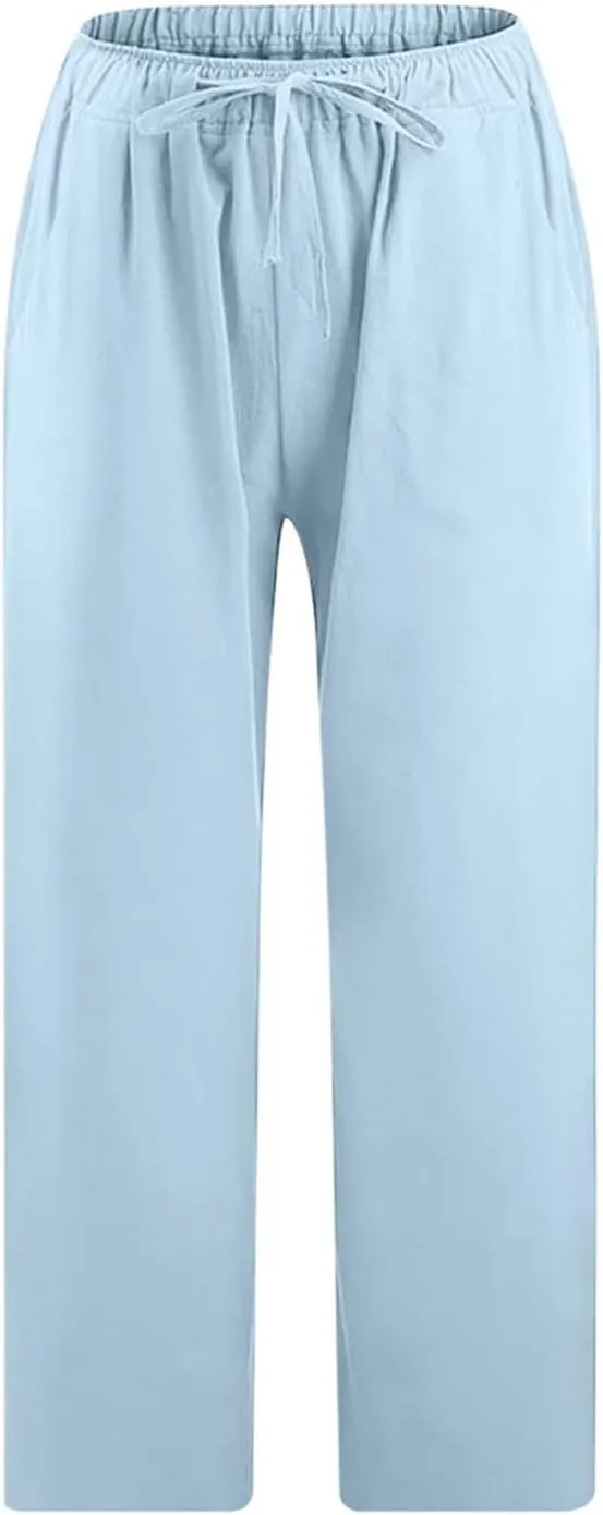 Womens Linen Summer Trendy Palazzo Lounge Pants Elastic Waisted Baggy Stretchy Slim-Fit Pants Business Work